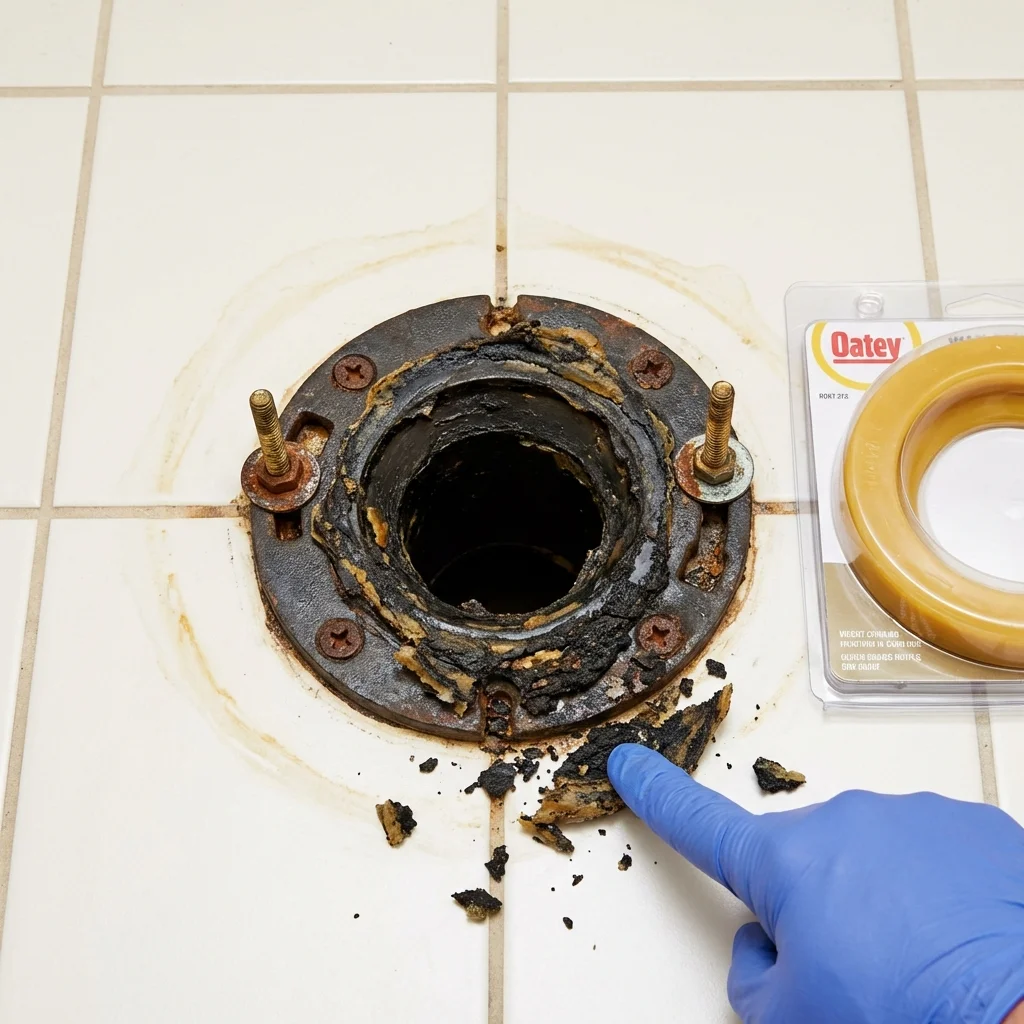 Failed wax ring showing water seepage at the base of a toilet in a Cincinnati, OH home